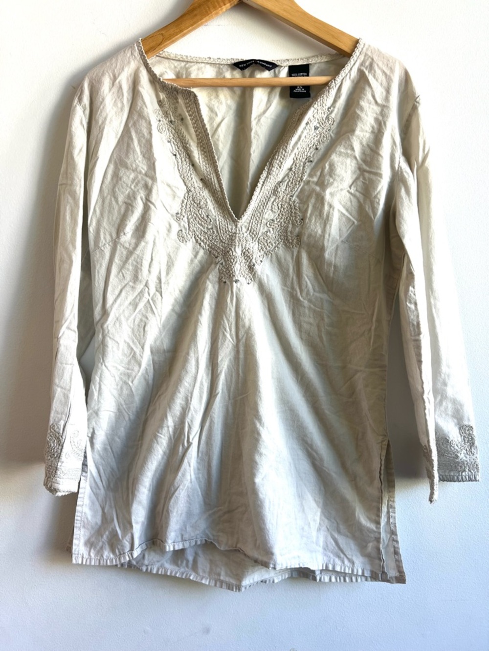 Light Cream 100% Cotton Embroidered V-Neck Women's Top